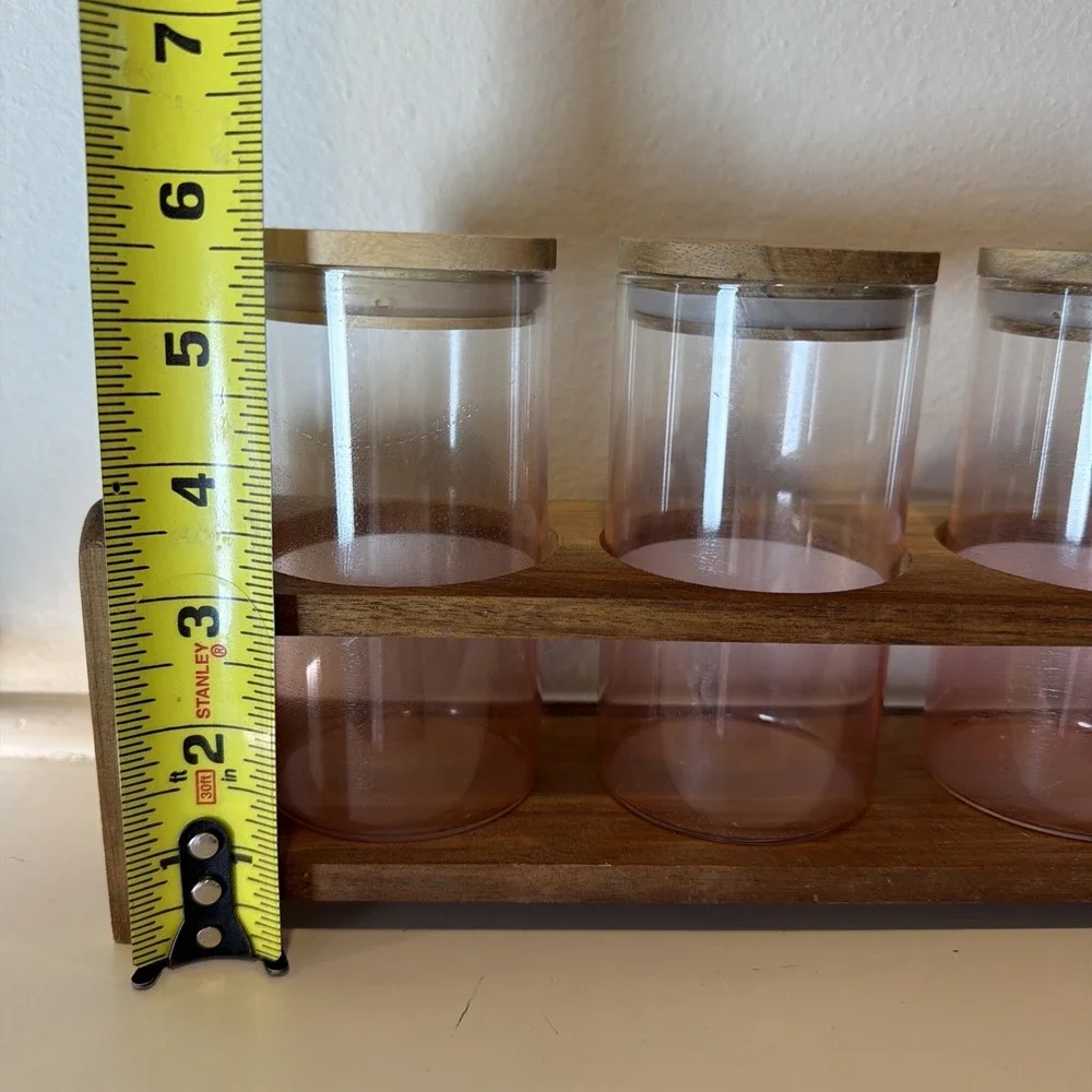 Wooden Spice Box Six Bottles Propagation Station Pink Glass Jars